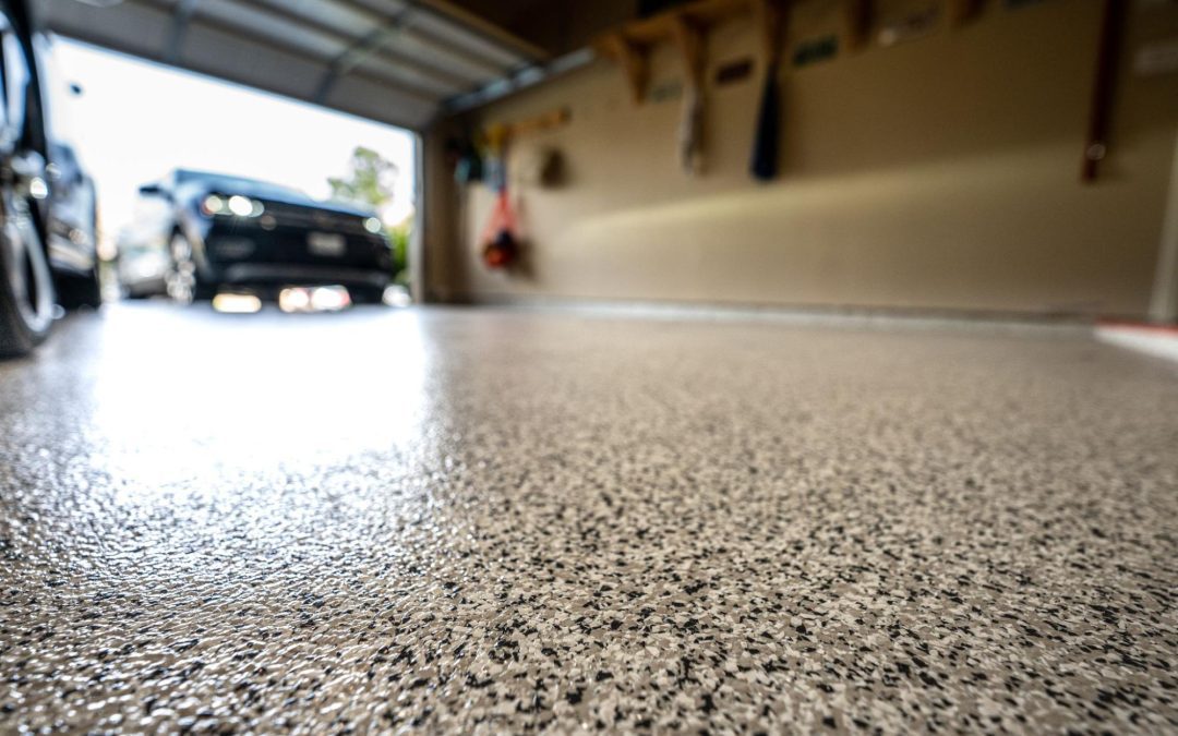 epoxy flooring in residential garage setting. vinyl flake and epoxy flooring system